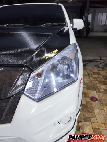 Isuzu Dmax หุ้มสติ๊กเกอร์เคฟล่าฝาหน้า รังผึ้ง เกรด PET / ขัดไฟ+หุ้มฟิล์มไฟ สีฟ้า ไฮบริด TPH