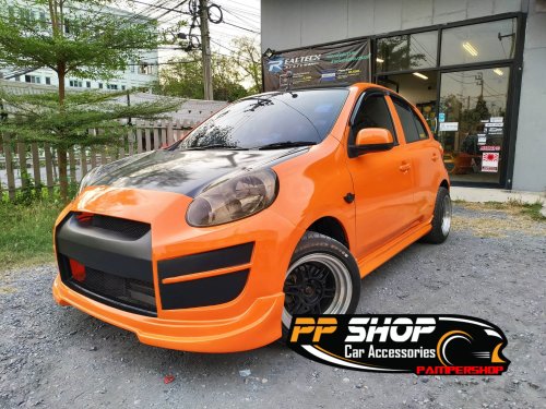 Nissan March Wrap เปลี่ยนสีทั้งคัน สีส้มเงา + ฝาหน้าเคฟล่า + หลังคาดำแก้ว + ฟิล์มไฟหน้าดำชา