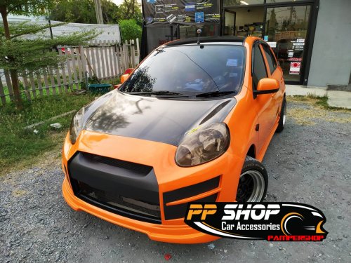 Nissan March Wrap เปลี่ยนสีทั้งคัน สีส้มเงา + ฝาหน้าเคฟล่า + หลังคาดำแก้ว + ฟิล์มไฟหน้าดำชา