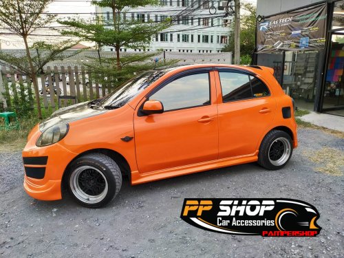 Nissan March Wrap เปลี่ยนสีทั้งคัน สีส้มเงา + ฝาหน้าเคฟล่า + หลังคาดำแก้ว + ฟิล์มไฟหน้าดำชา