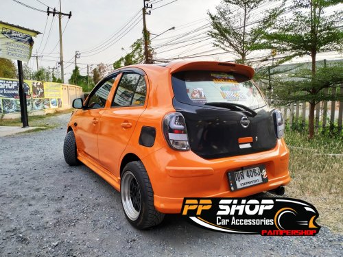 Nissan March Wrap เปลี่ยนสีทั้งคัน สีส้มเงา + ฝาหน้าเคฟล่า + หลังคาดำแก้ว + ฟิล์มไฟหน้าดำชา